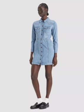 Levi’s Denim Shirt Long Sleeve Y2K Light Wash Button Front Mini Jean Dress